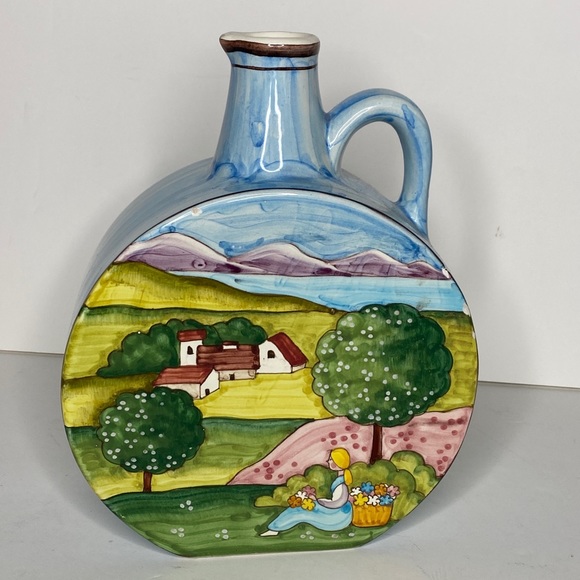 Folk Art Handmade Ceramic Pitcher Vase Landscape Countryside Italy Decorative - Picture 1 of 9
